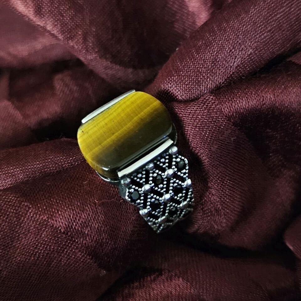 Kaplan gözü taşlı Mikro Zirkon taş işlemeli 925 Ayar Gümüş Yüzük kahverengi - 24