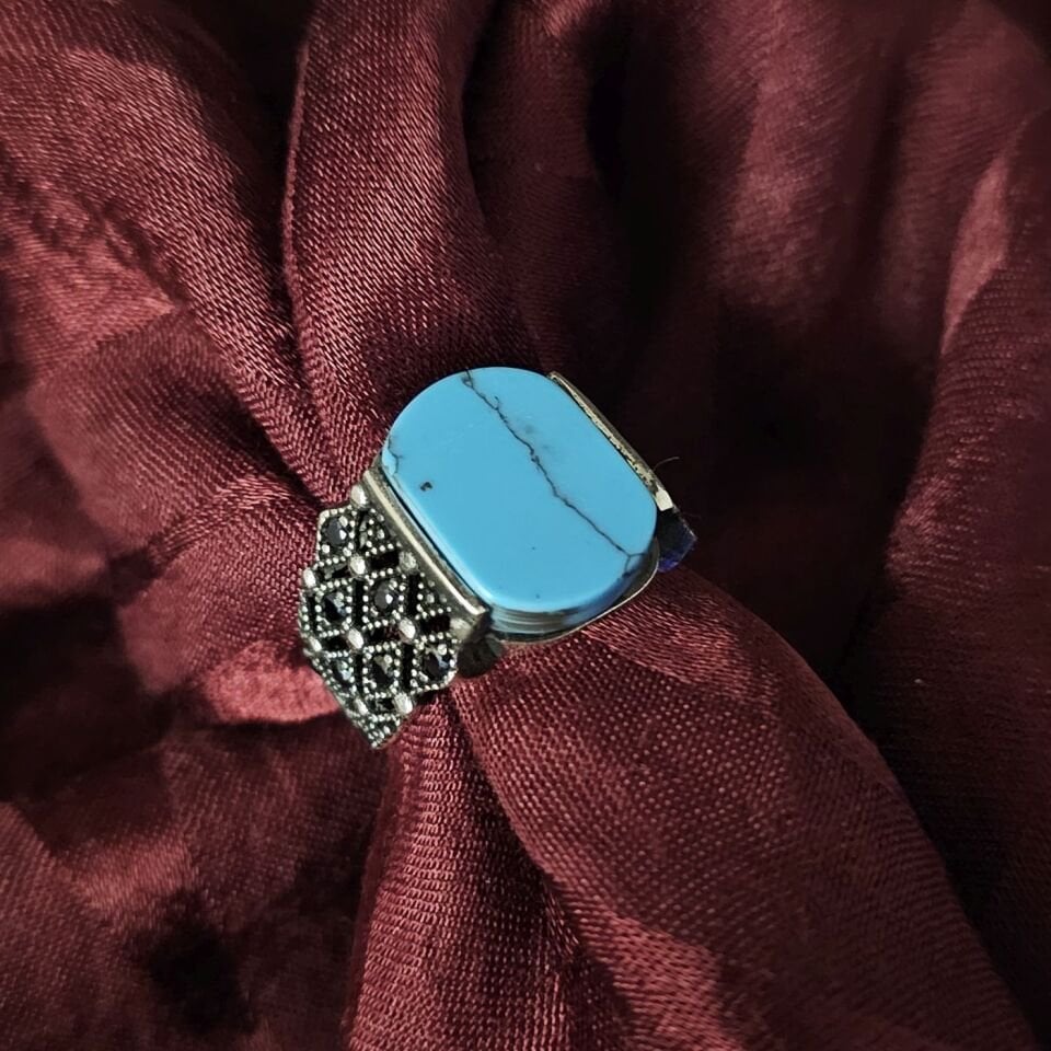 Firuze taşlı Mikro Zirkon taş işlemeli 925 Ayar Gümüş Yüzük turkuaz - 18