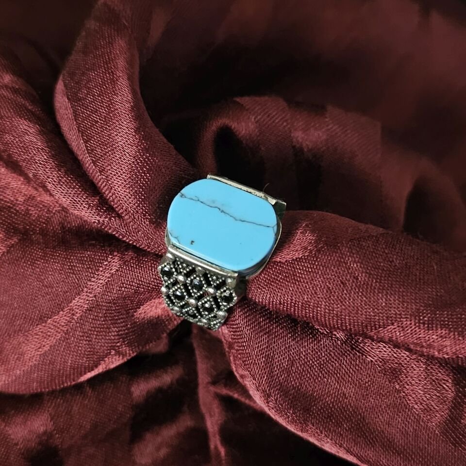 Firuze taşlı Mikro Zirkon taş işlemeli 925 Ayar Gümüş Yüzük turkuaz - 25