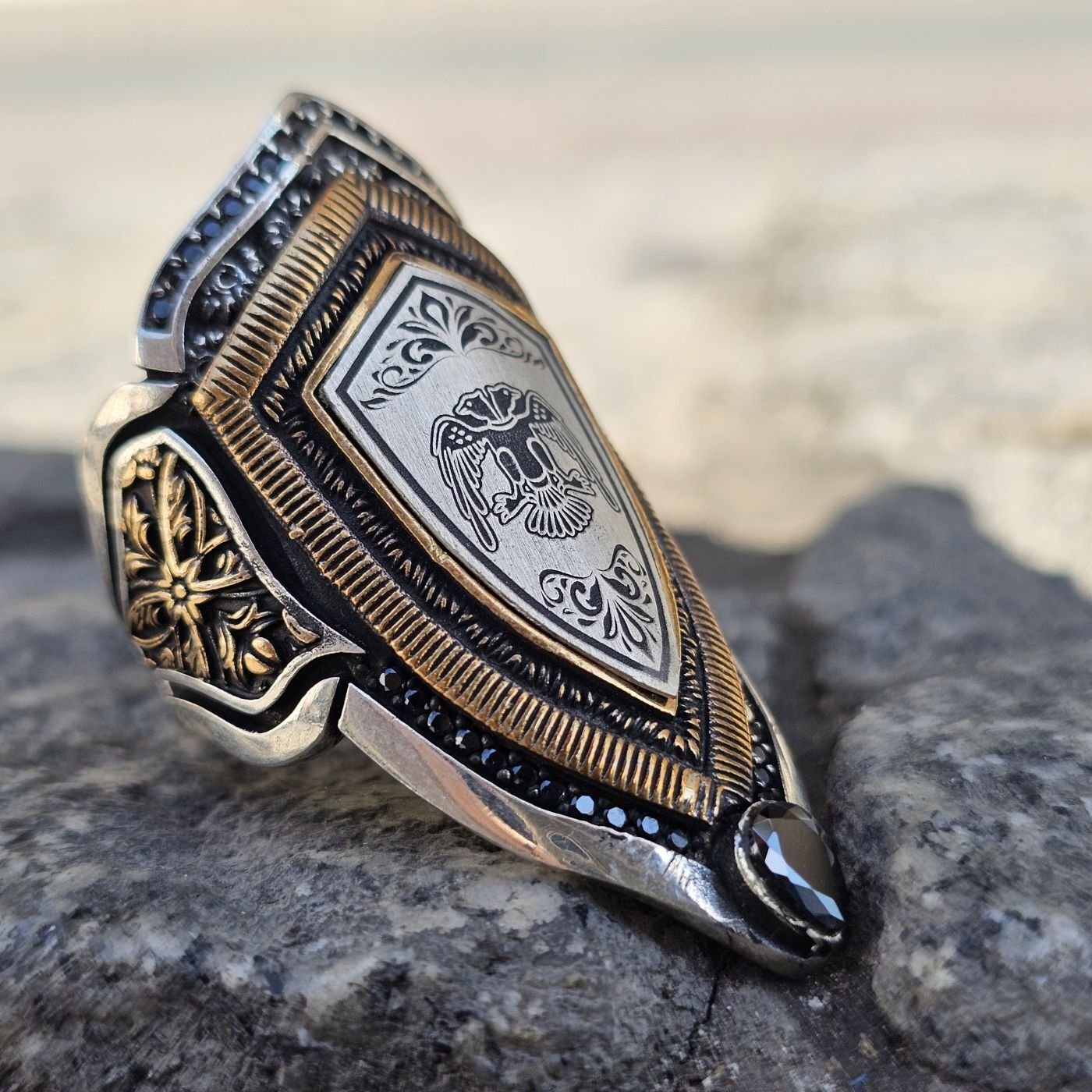 Çift Başlı Selçuklu Kartalı işlemeli 925 Ayar Başparmağı Yüzüğü