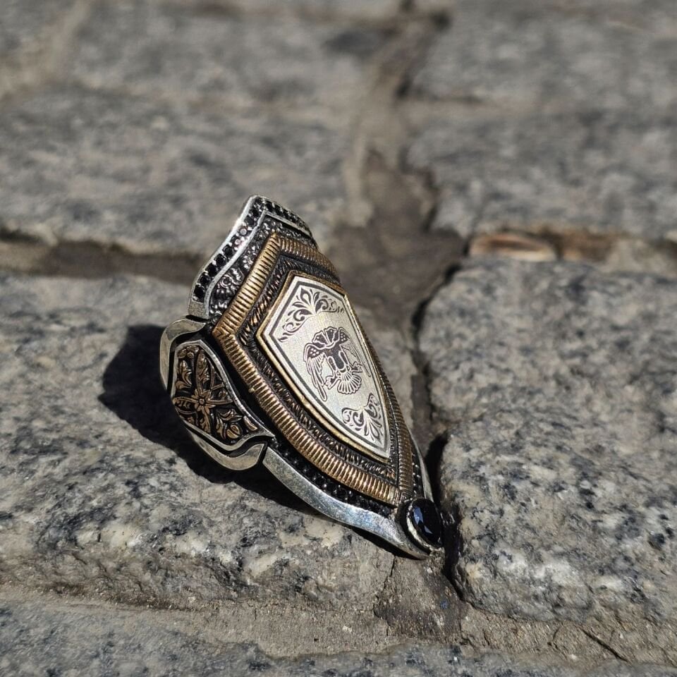 Çift Başlı Selçuklu Kartalı işlemeli 925 Ayar Başparmağı Yüzüğü