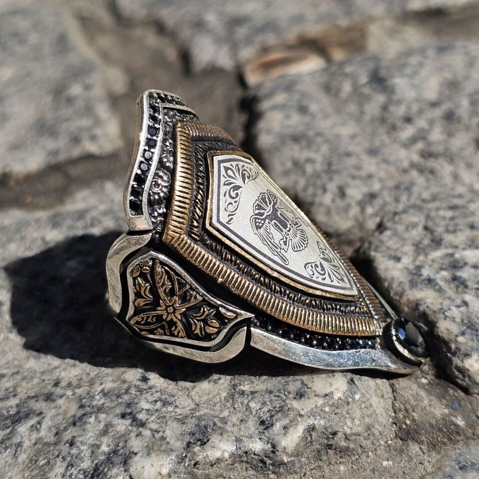 Çift Başlı Selçuklu Kartalı işlemeli 925 Ayar Başparmağı Yüzüğü
