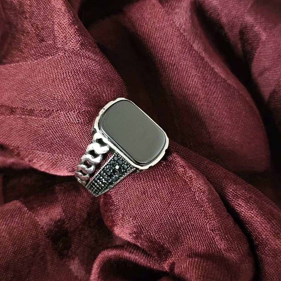 Yeni Tasarım Onıks Taşlı 925 Ayar Gümüş Yüzük siyah - 25