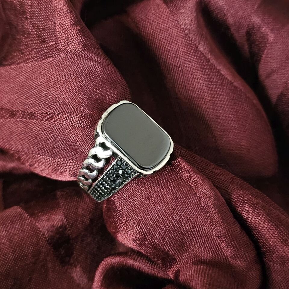 Yeni Tasarım Onıks Taşlı 925 Ayar Gümüş Yüzük siyah - 20