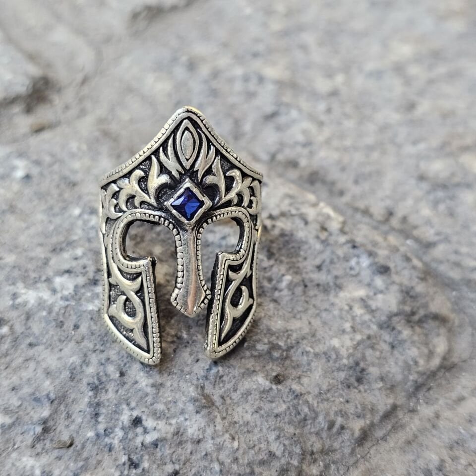 Mavi Zirkon taşlı 925 Ayar Miğfer model Başparmağı Yüzüğü