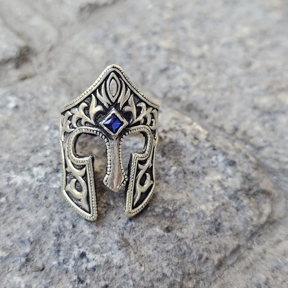 Mavi Zirkon taşlı 925 Ayar Miğfer model Başparmağı Yüzüğü