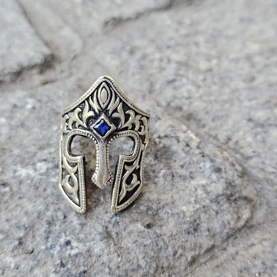 Mavi Zirkon taşlı 925 Ayar Miğfer model Başparmağı Yüzüğü