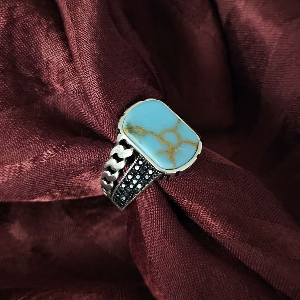Yeni Tasarım Firuze Taşlı 925 Ayar Gümüş Yüzük turkuaz - 25