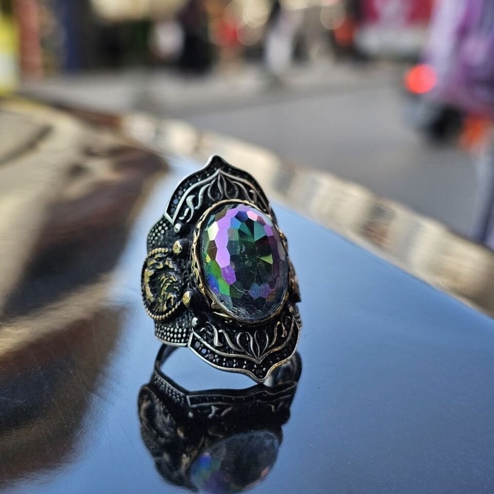 Mistik Topaz taşlı işlemeli 925 Ayar  Başparmağı Yüzüğü