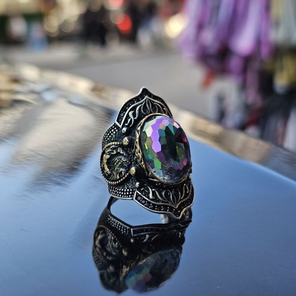 Mistik Topaz taşlı işlemeli 925 Ayar  Başparmağı Yüzüğü