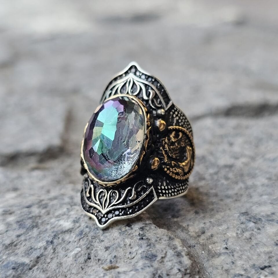 Mistik Topaz taşlı işlemeli 925 Ayar  Başparmağı Yüzüğü