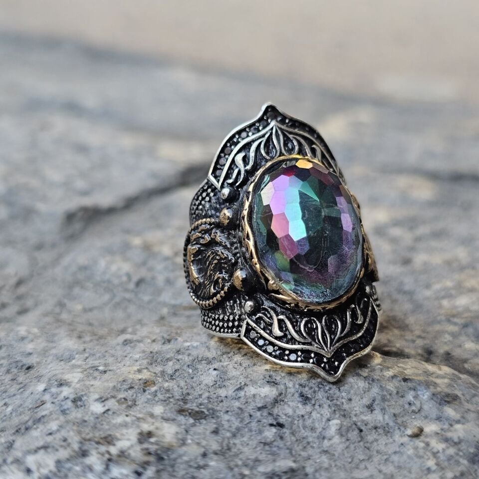 Mistik Topaz taşlı işlemeli 925 Ayar  Başparmağı Yüzüğü