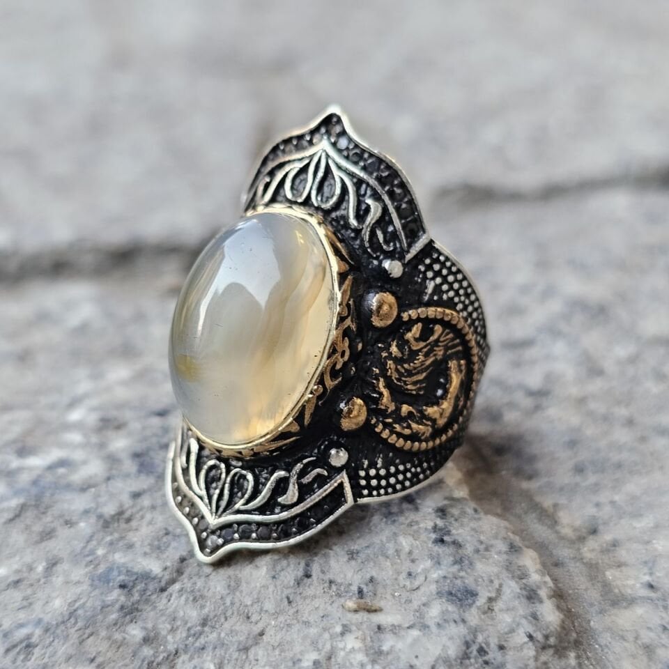 Yemen Akik taşlı işlemeli 925 Ayar  Başparmağı Yüzüğü