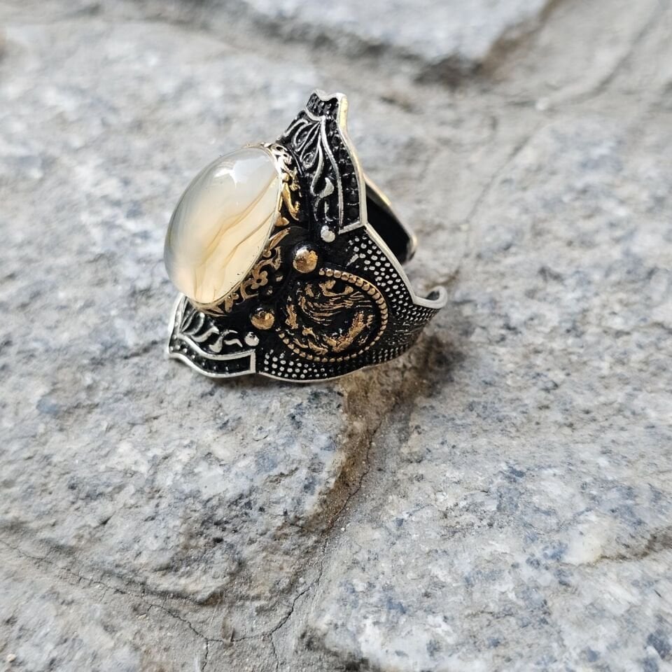 Yemen Akik taşlı işlemeli 925 Ayar  Başparmağı Yüzüğü