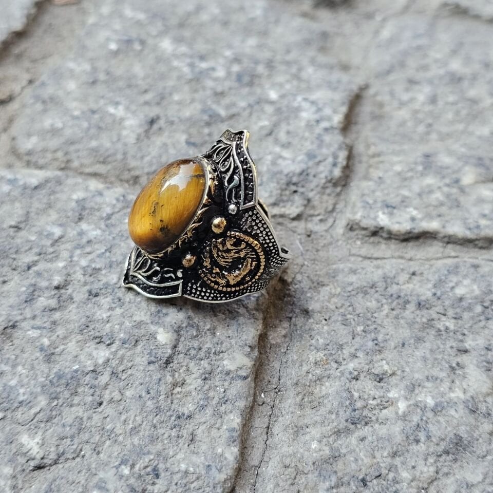 Kaplan gözü taşlı işlemeli 925 Ayar  Başparmağı Yüzüğü