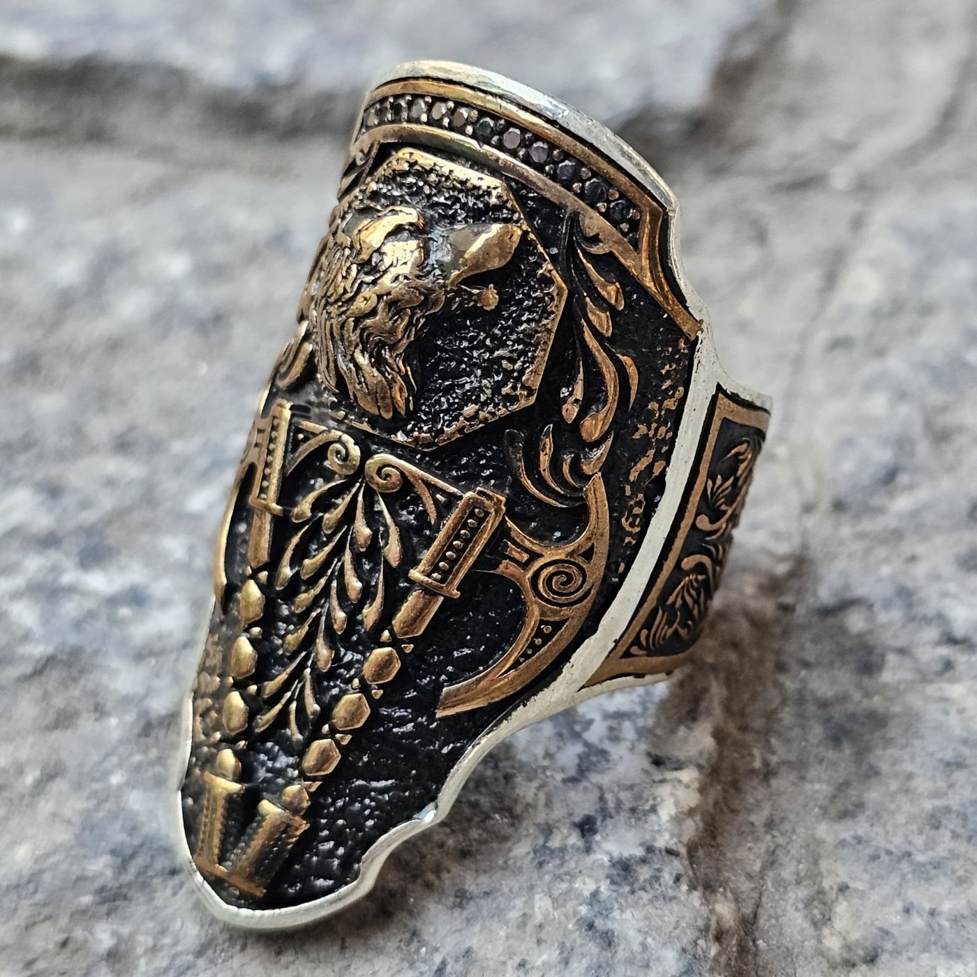 Kurt başı tasarım Balta işlemeli 925 Ayar  Başparmağı Yüzüğü