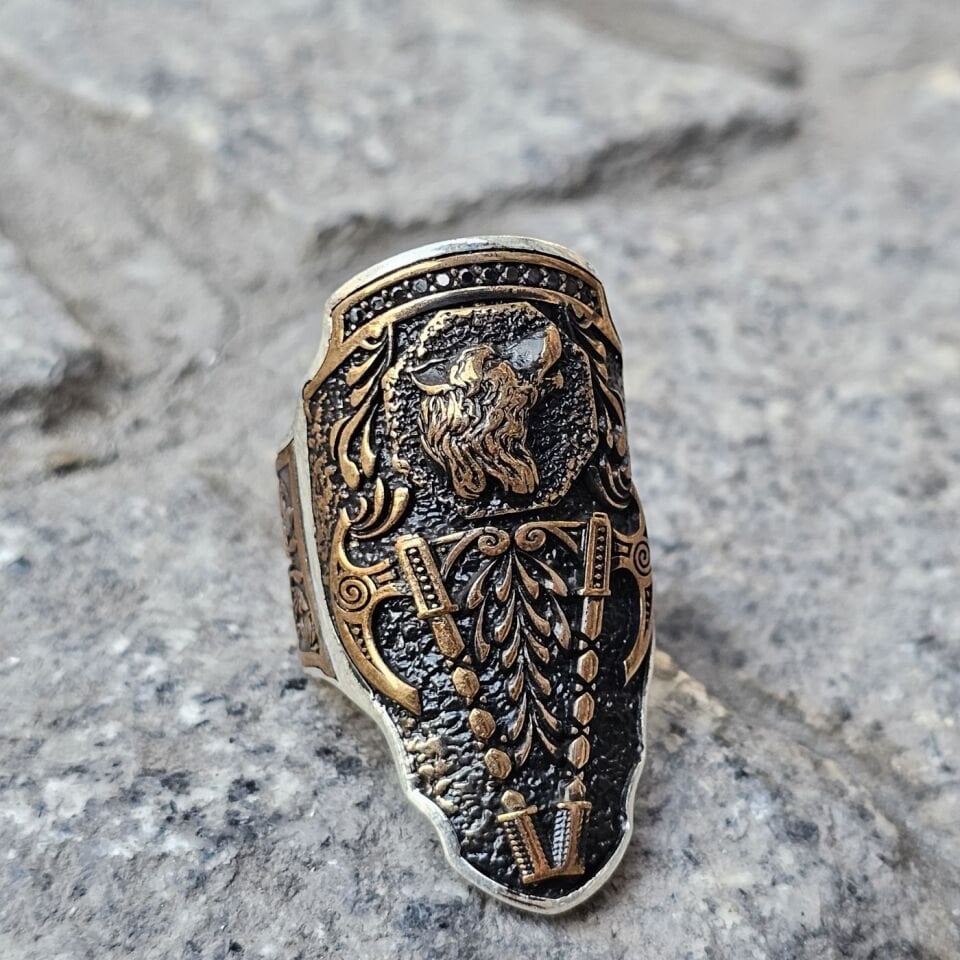 Kurt başı tasarım Balta işlemeli 925 Ayar  Başparmağı Yüzüğü