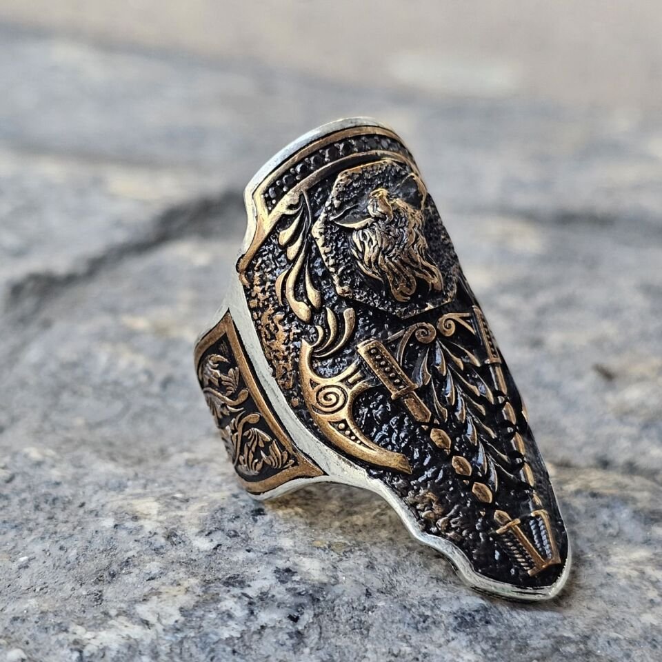 Kurt başı tasarım Balta işlemeli 925 Ayar  Başparmağı Yüzüğü