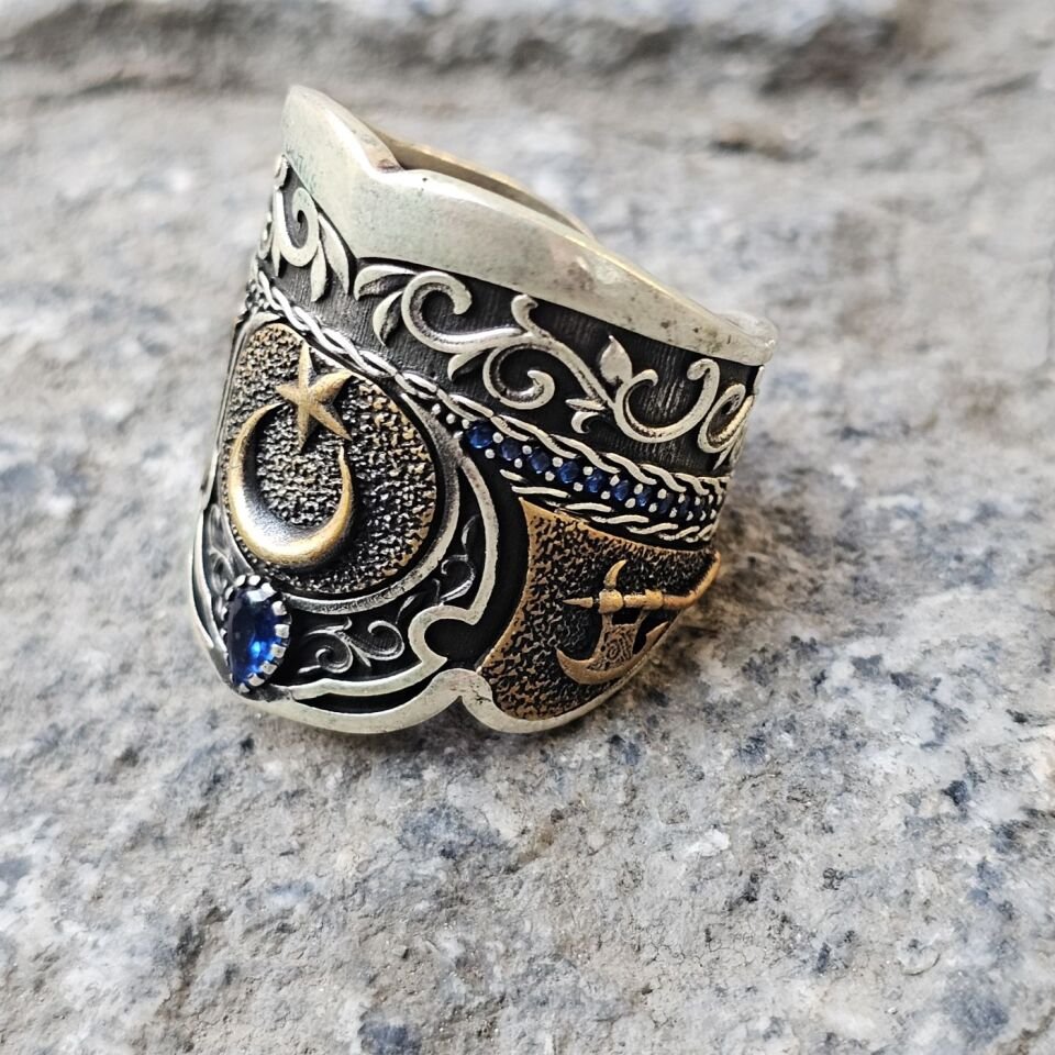 Ay Yıldız model Balta işlemeli 925 Ayar  Başparmağı Yüzüğü