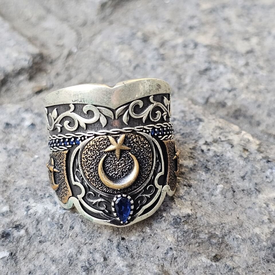 Ay Yıldız model Balta işlemeli 925 Ayar  Başparmağı Yüzüğü