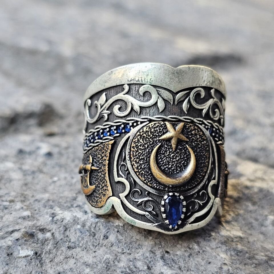 Ay Yıldız model Balta işlemeli 925 Ayar  Başparmağı Yüzüğü