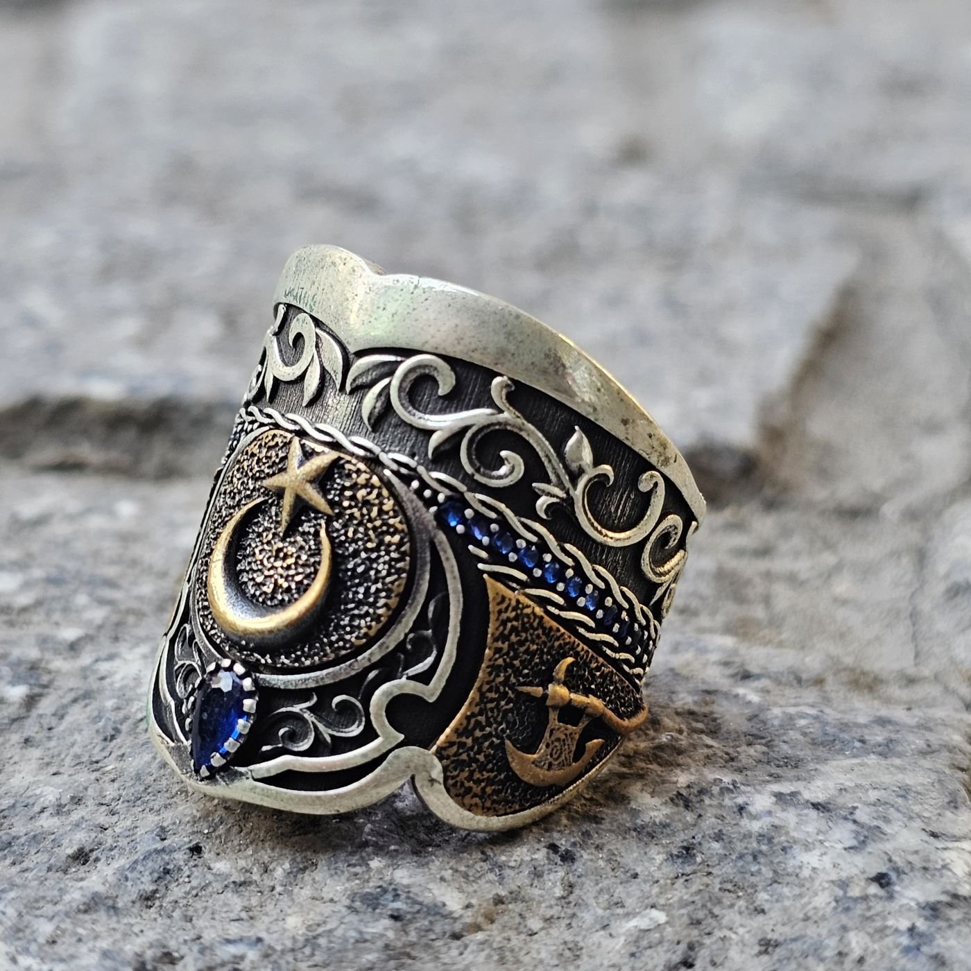 Ay Yıldız model Balta işlemeli 925 Ayar  Başparmağı Yüzüğü