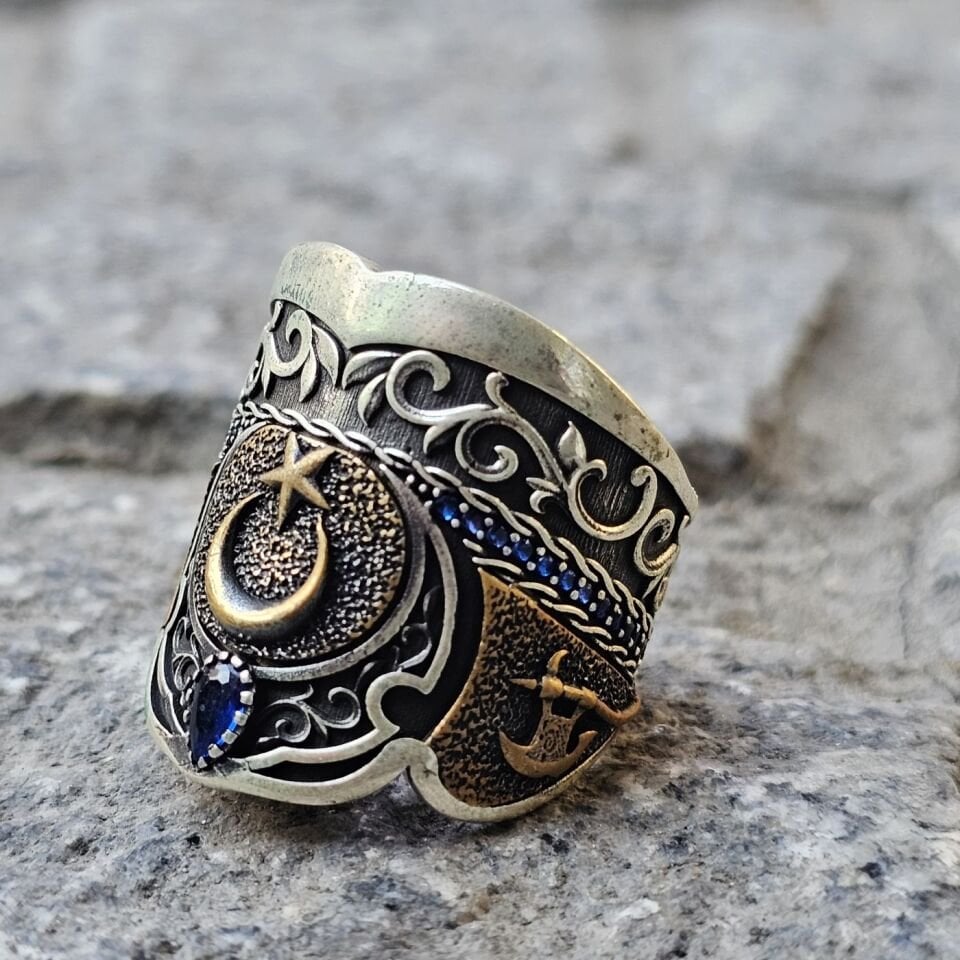 Ay Yıldız model Balta işlemeli 925 Ayar  Başparmağı Yüzüğü