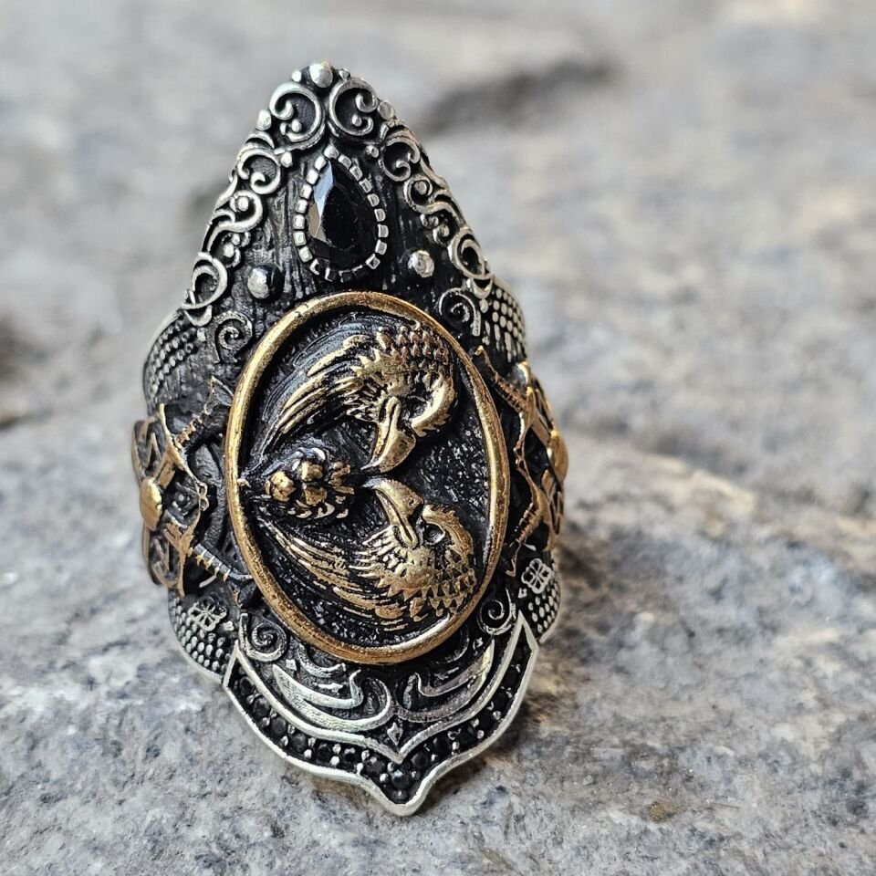 Çift Başlı Kartal model Kılıç işlemeli 925 Ayar  Başparmağı Yüzüğü