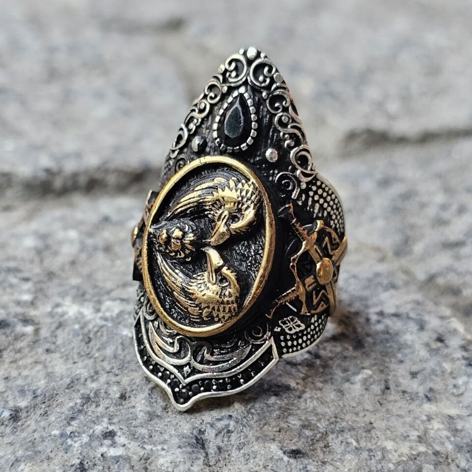 Çift Başlı Kartal model Kılıç işlemeli 925 Ayar  Başparmağı Yüzüğü