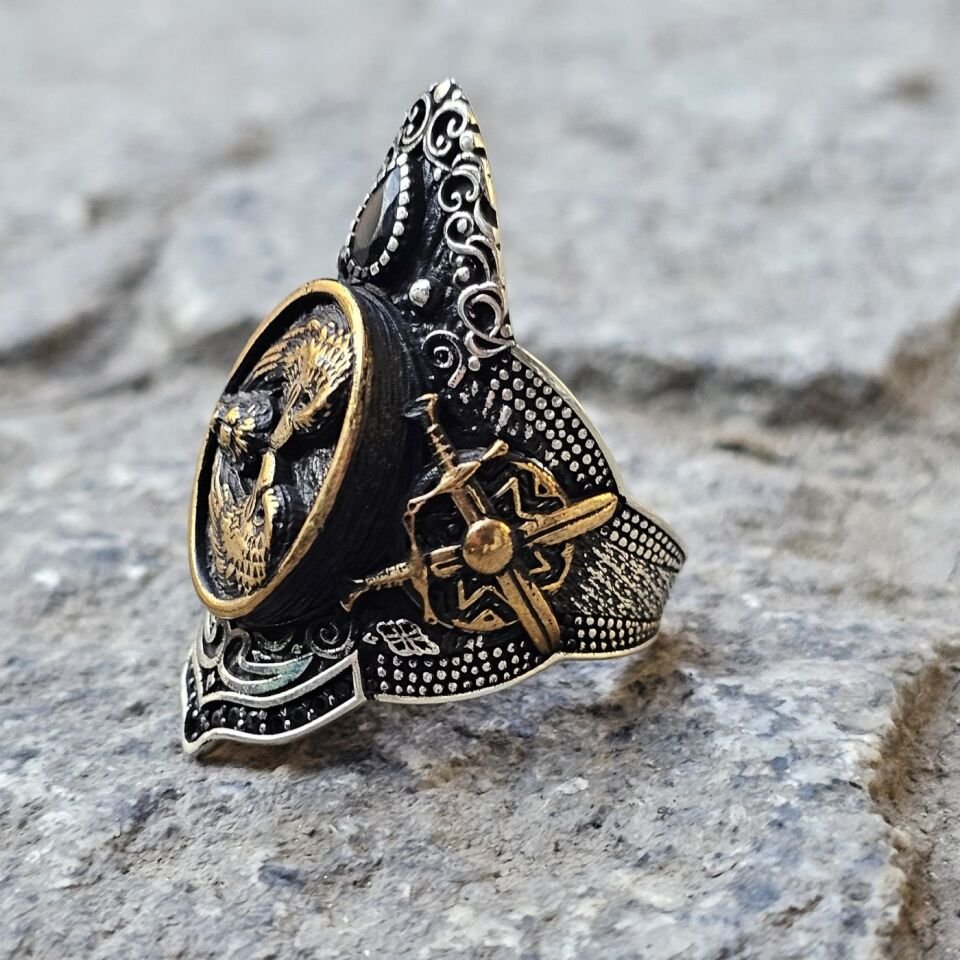 Çift Başlı Kartal model Kılıç işlemeli 925 Ayar  Başparmağı Yüzüğü