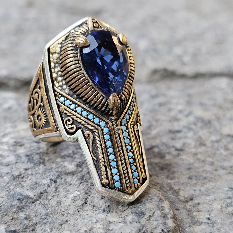 Damla Zirkon taşlı Firuze Mikrotaş işlemeli 925 Ayar  Başparmağı Yüzüğü