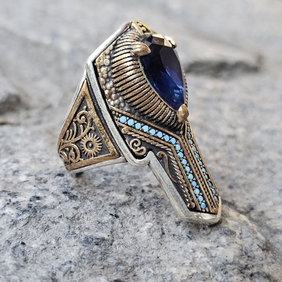 Damla Zirkon taşlı Firuze Mikrotaş işlemeli 925 Ayar  Başparmağı Yüzüğü