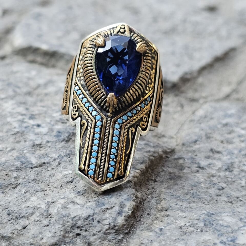 Damla Zirkon taşlı Firuze Mikrotaş işlemeli 925 Ayar  Başparmağı Yüzüğü