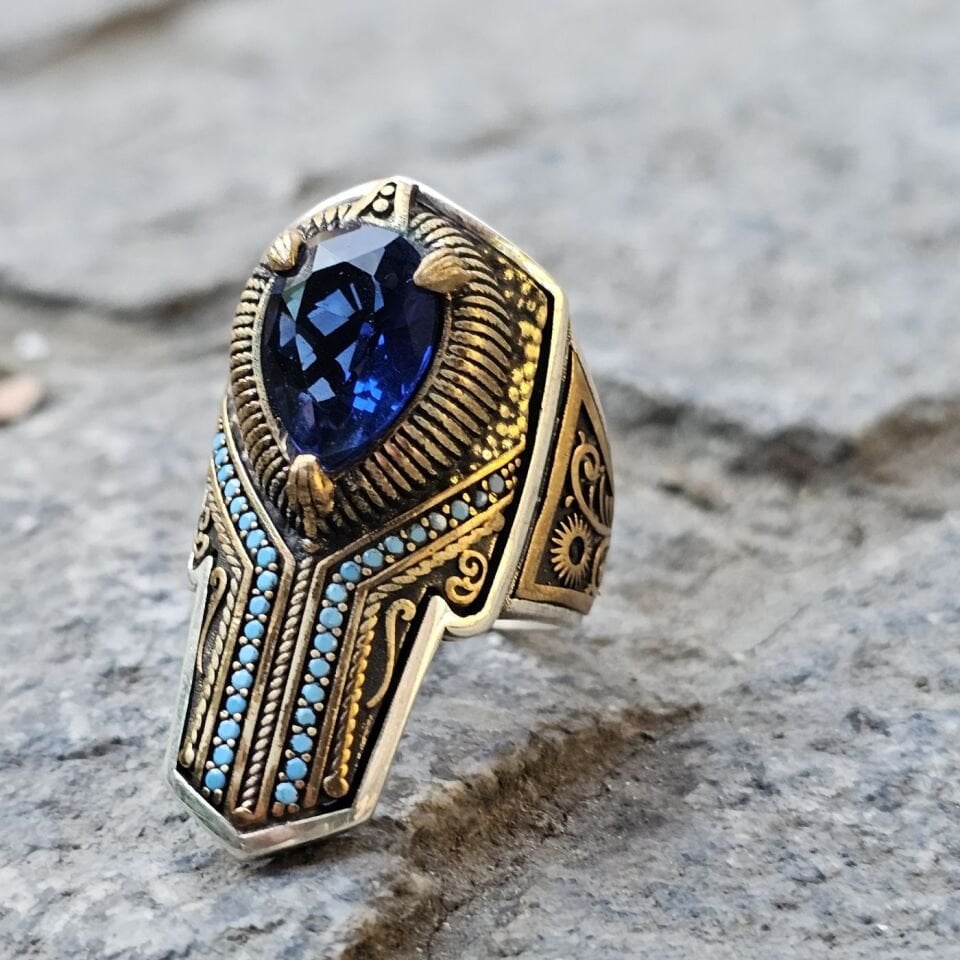 Damla Zirkon taşlı Firuze Mikrotaş işlemeli 925 Ayar  Başparmağı Yüzüğü