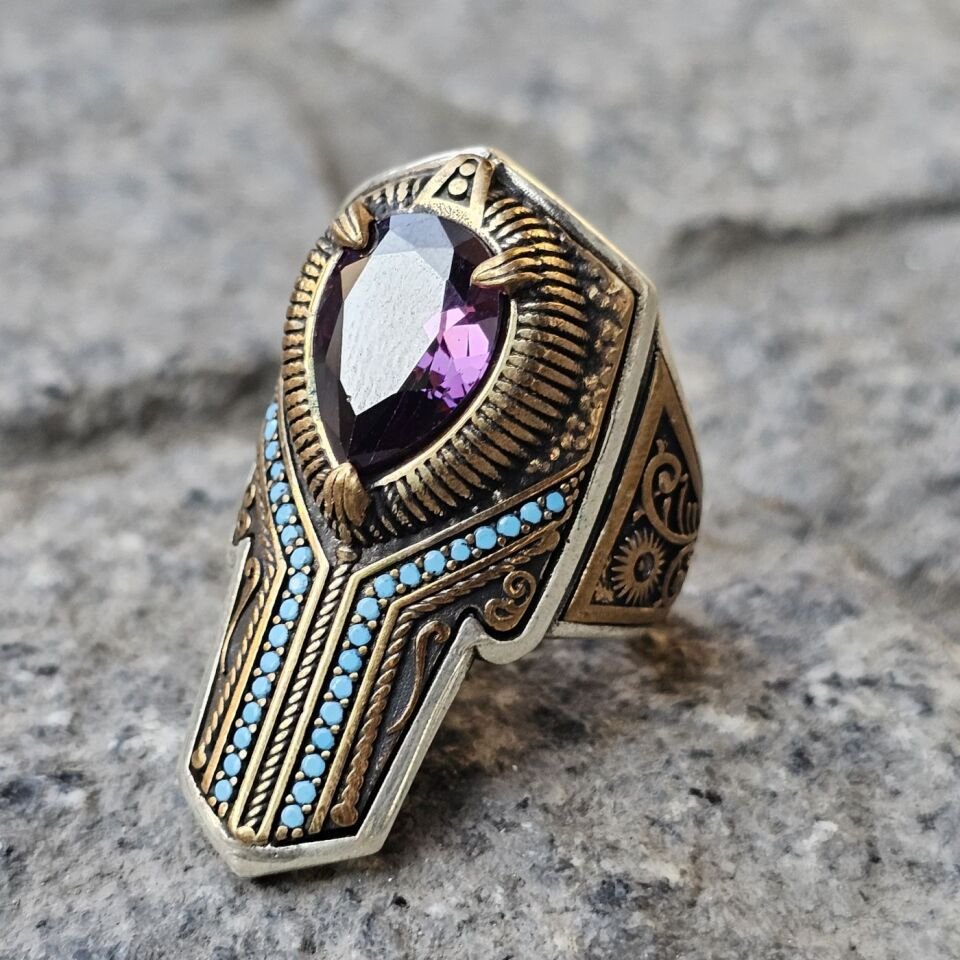 Zirkon taşlı Firuze Mikrotaş işlemeli 925 Ayar  Başparmağı Yüzüğü