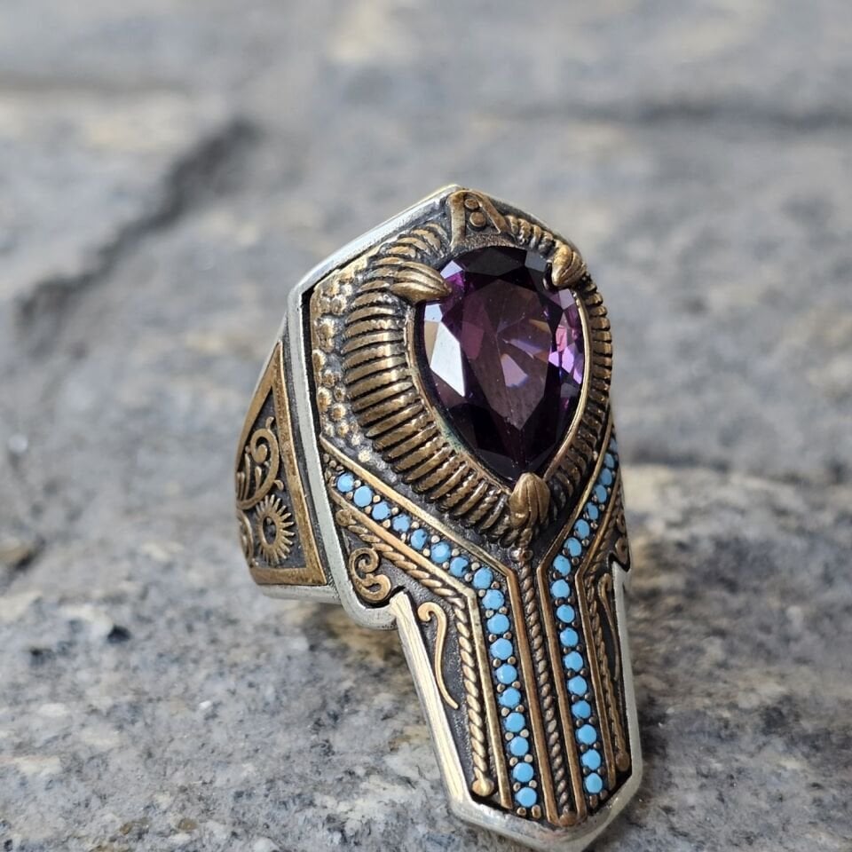 Zirkon taşlı Firuze Mikrotaş işlemeli 925 Ayar  Başparmağı Yüzüğü