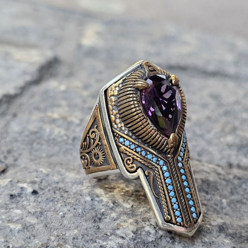 Zirkon taşlı Firuze Mikrotaş işlemeli 925 Ayar  Başparmağı Yüzüğü