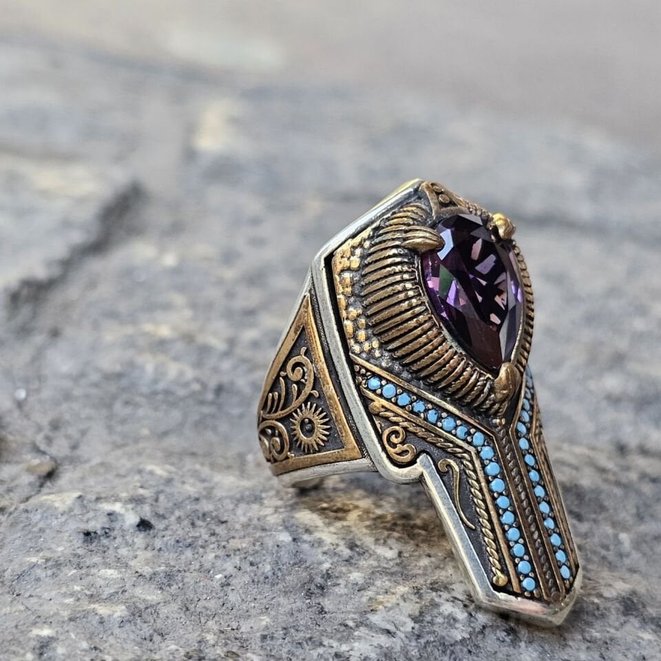 Zirkon taşlı Firuze Mikrotaş işlemeli 925 Ayar  Başparmağı Yüzüğü