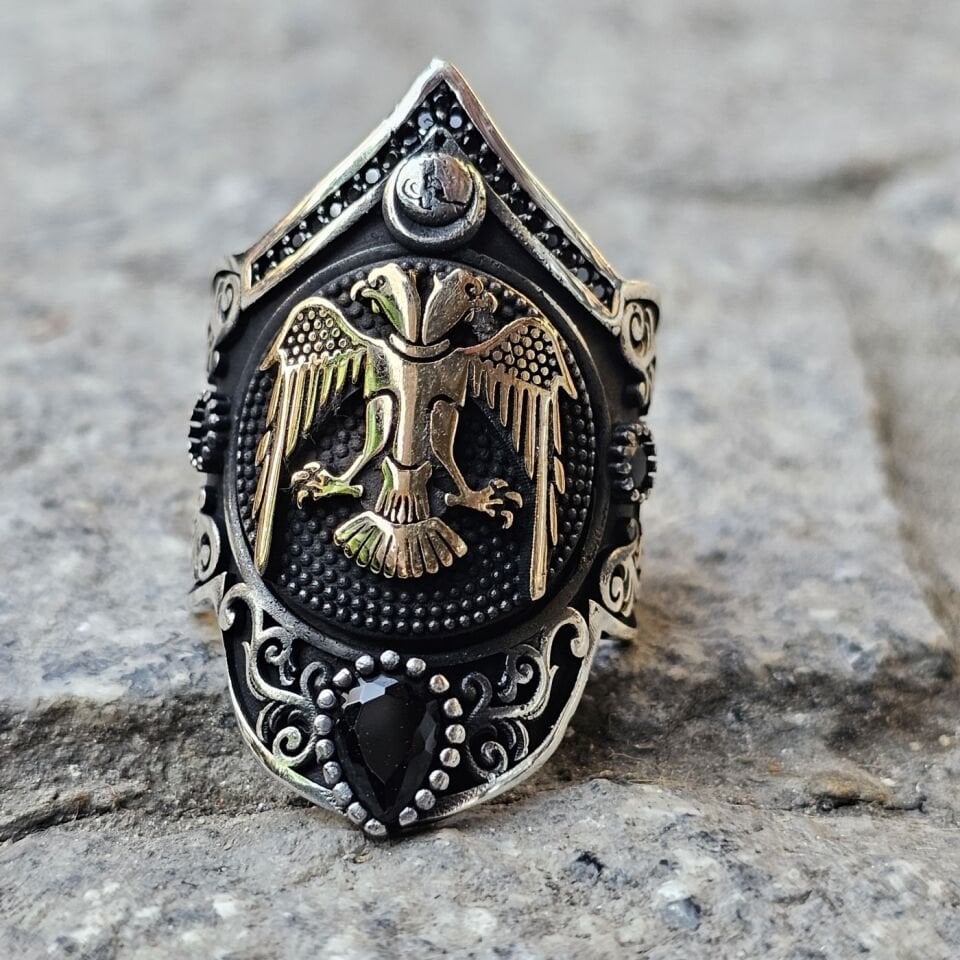 Çift Başlı Kartal  işlemeli 925 Ayar  Başparmağı Yüzüğü