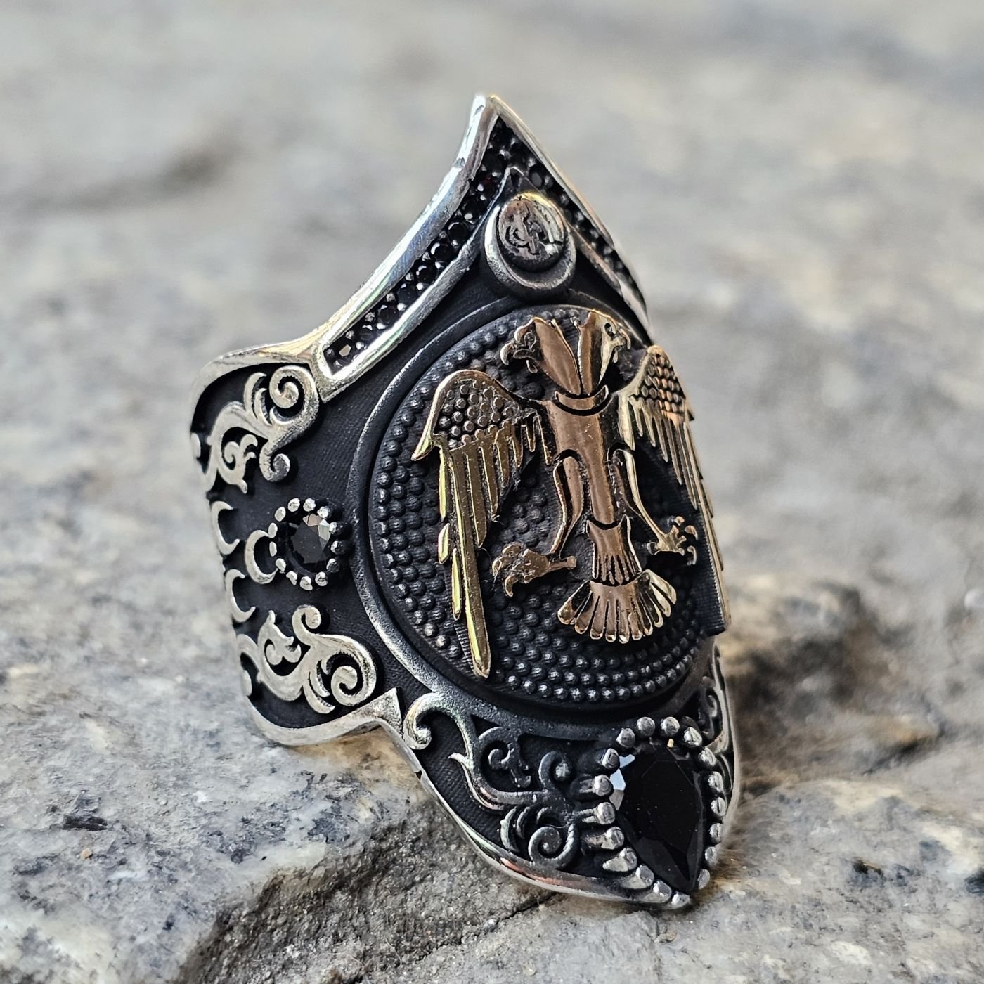 Çift Başlı Kartal  işlemeli 925 Ayar  Başparmağı Yüzüğü