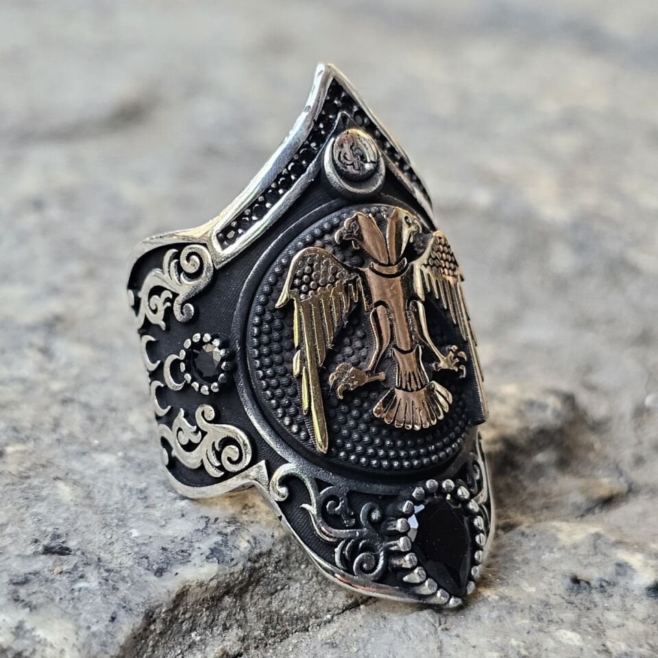 Çift Başlı Kartal  işlemeli 925 Ayar  Başparmağı Yüzüğü