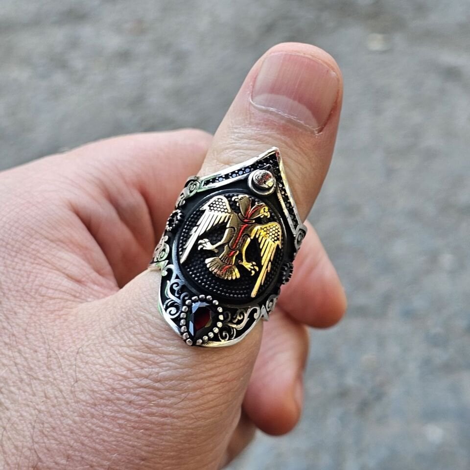 Çift Başlı Kartal  işlemeli 925 Ayar  Başparmağı Yüzüğü
