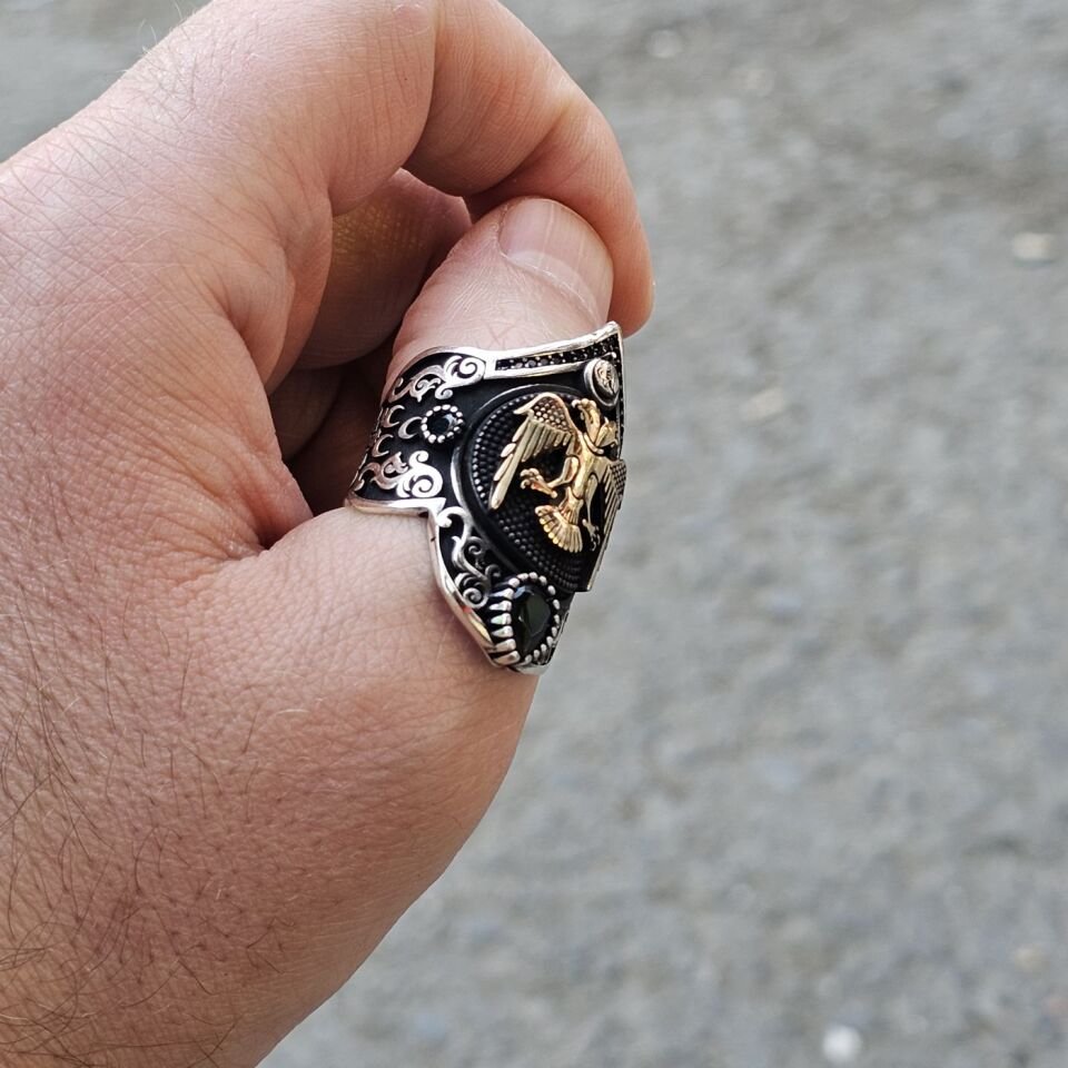 Çift Başlı Kartal  işlemeli 925 Ayar  Başparmağı Yüzüğü