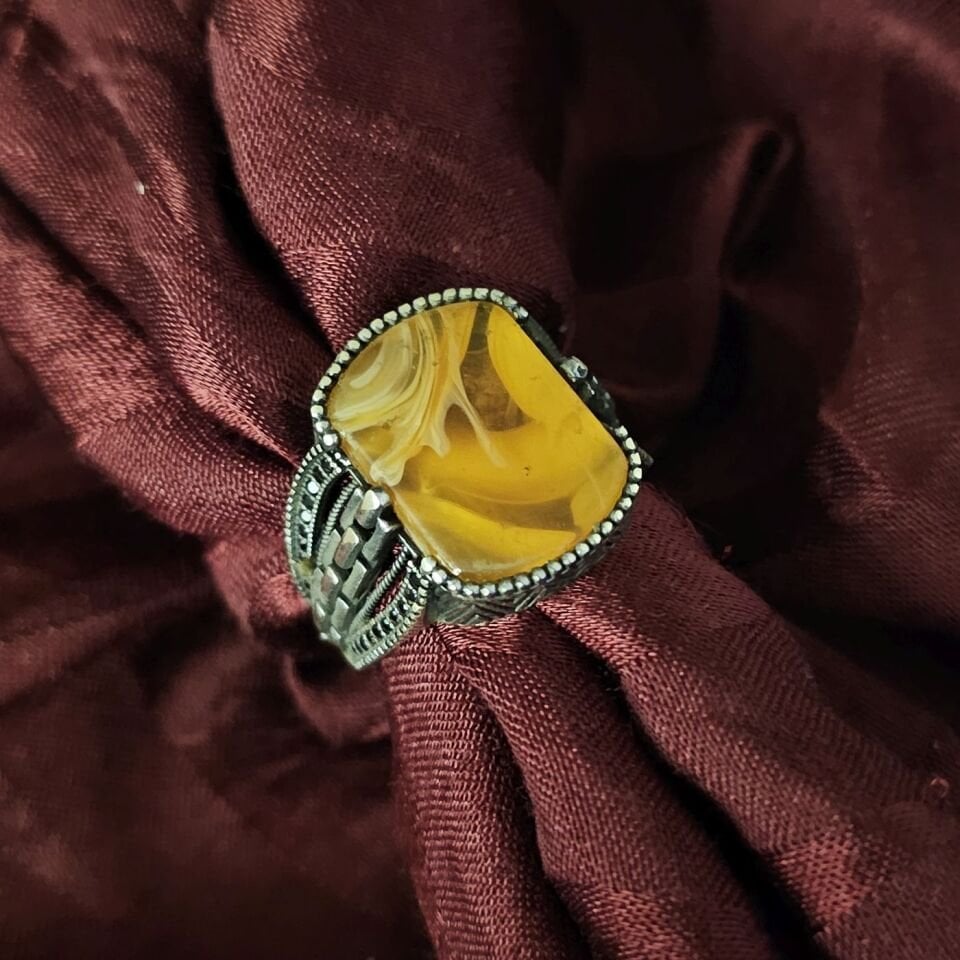 Sarı Akik Taşlı 925 Ayar Gümüş Yüzük sarı - 25