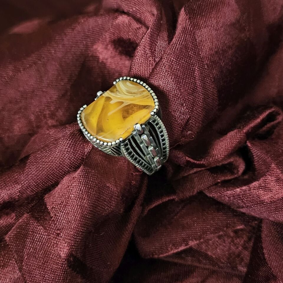 Sarı Akik Taşlı 925 Ayar Gümüş Yüzük