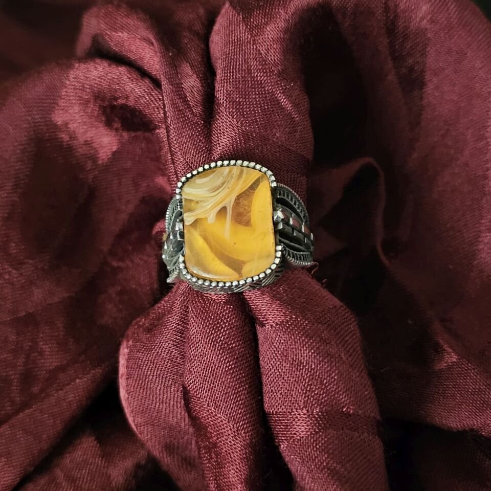 Sarı Akik Taşlı 925 Ayar Gümüş Yüzük