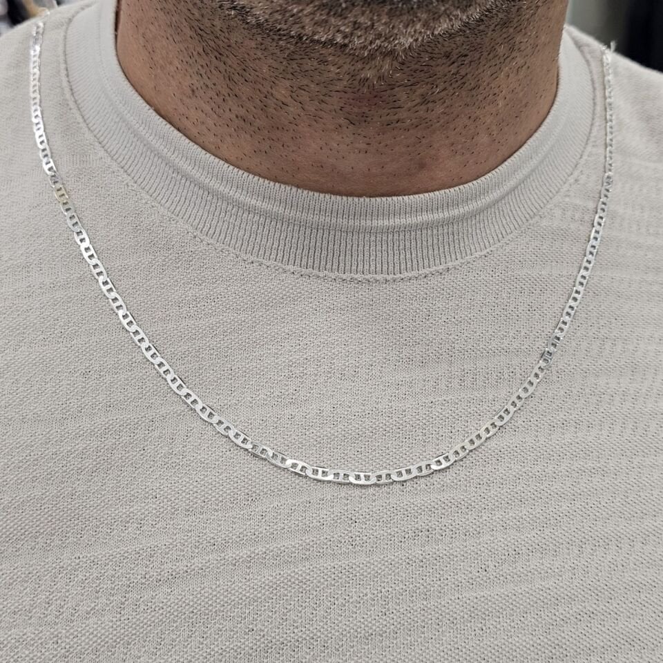 Unisex barlı İthal 925 Ayar Erkek Gümüş Zincir