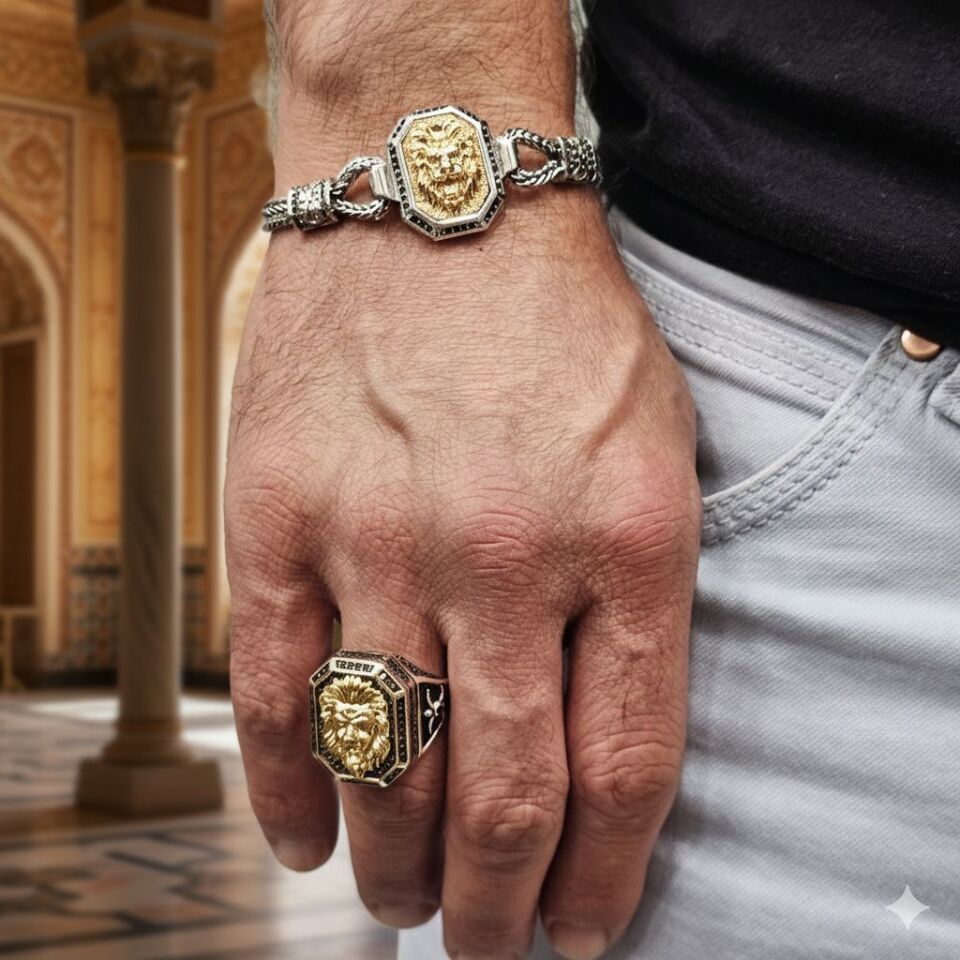 Aslan Figürü işlemeli Kral Bileklik model 925 Ayar Gümüş Yüzük ve Bileklik Set