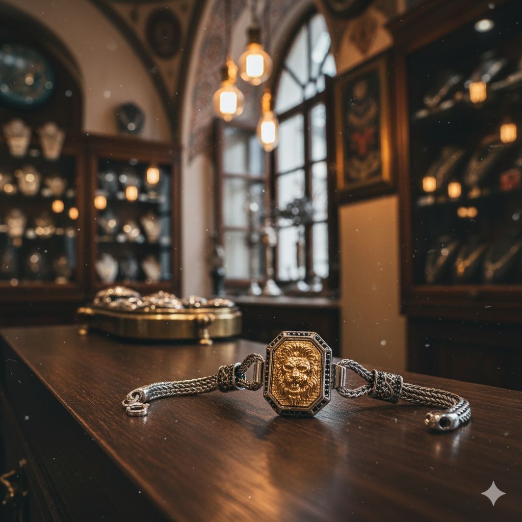 Aslan Figürü işlemeli Kral Bileklik model 925 Ayar Gümüş Yüzük ve Bileklik Set