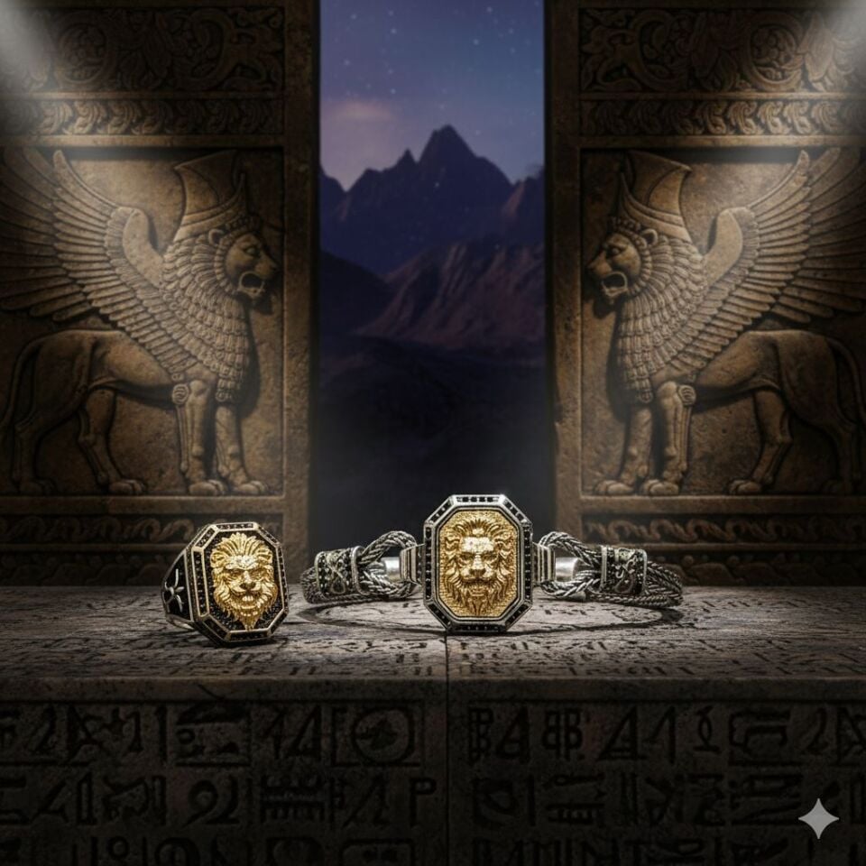 Aslan Figürü işlemeli Kral Bileklik model 925 Ayar Gümüş Yüzük ve Bileklik Set